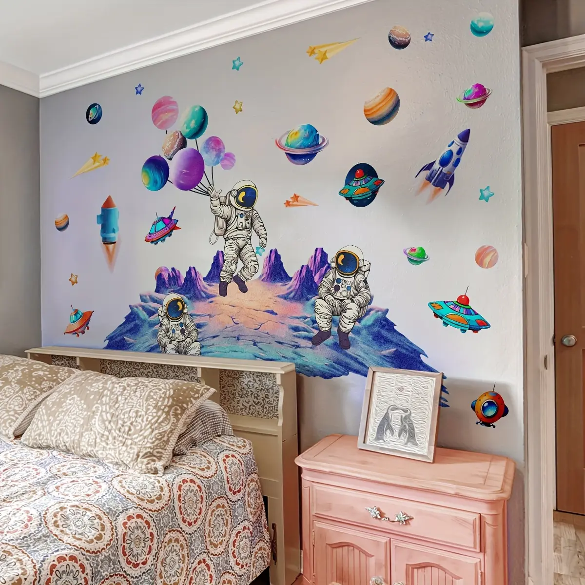 A set of 2 pieces (30*90cm*2pcs) hand-painted Space Theme Design space astronaut and planet wall stickers, suitable for living room, bedroom and home background decoration, Decorative Wall Sticker, Wall Art Stickers, M16101-YJ