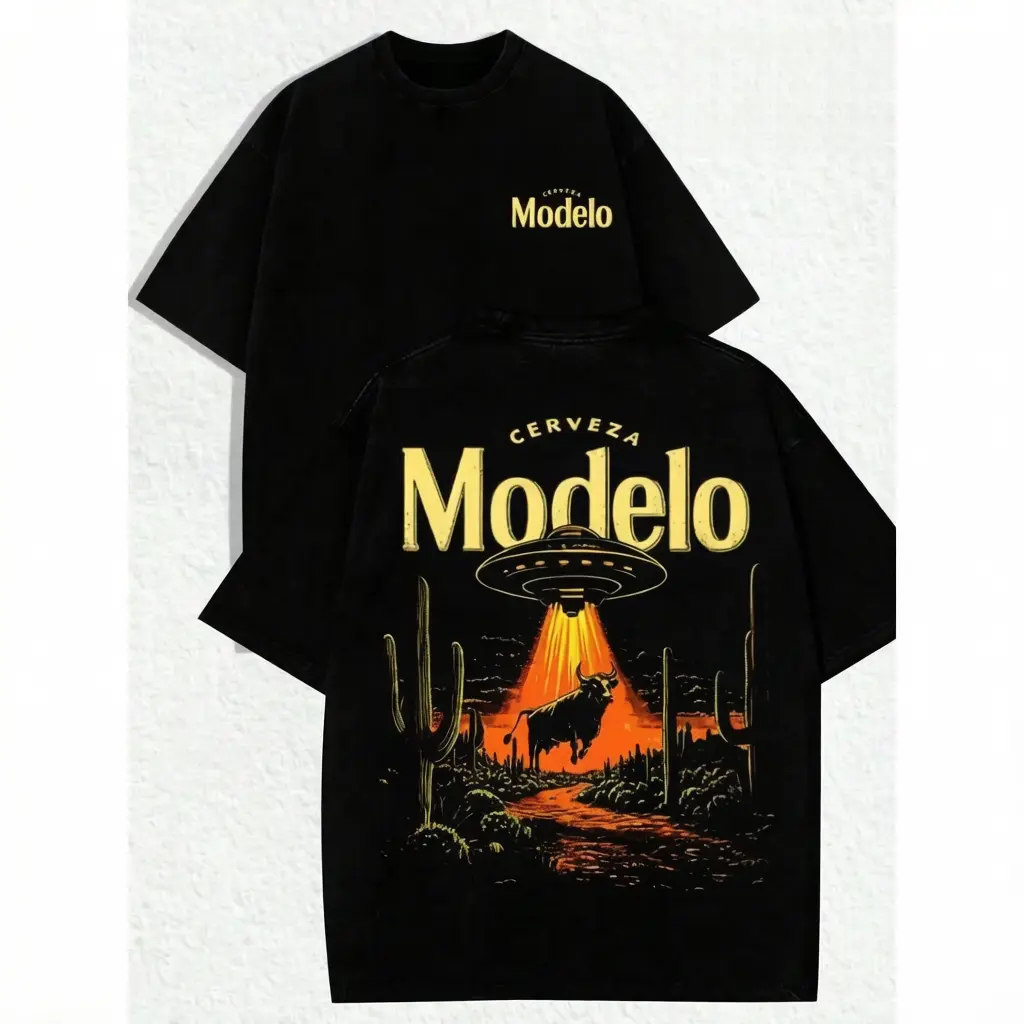Men's Vintage Distressed Digital Print Tee - Retro American-Beer Cerveza Modelo UFO Scene Abducting Bull Desert Cactus, Bold Text, Black Short-Sleeve Round Neck Menswear, Regular Fit Spring/Summer Sports Outdoor Casual Streetwear T-Shirt