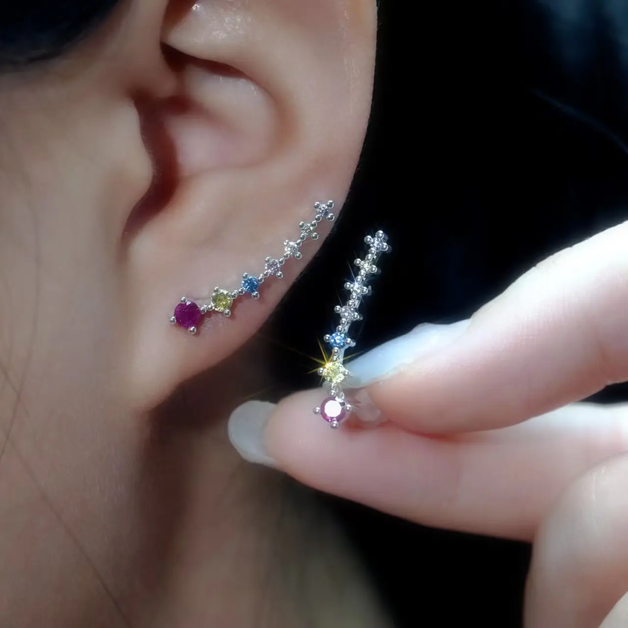 Colorful Crawler Stud Earrings for Women, S925 Sterling Silver 7-Stone Wrap Ear Climbers, Hypoallergenic Artificial Zirconia Jewelry, Stud Earrings Jewelry, Artificial Zirconia Earrings