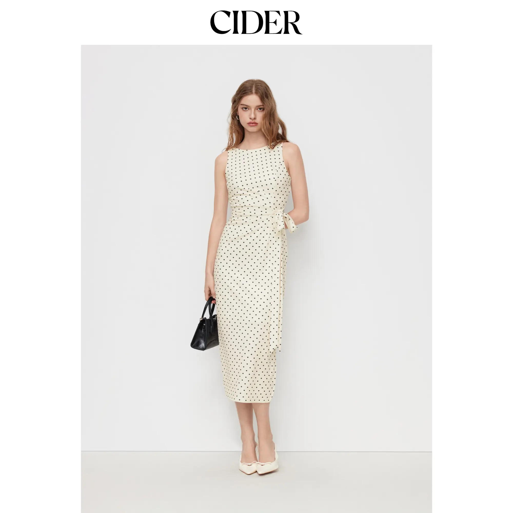 Cider Polka Dot Boat Neck Tie Side Split Maxi Dress
