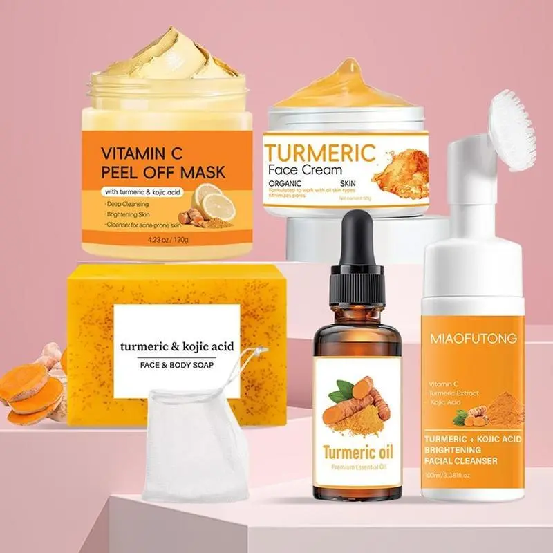 Turmeric Skin Care Kit, Including Soap & Cleansing Pad & Mousse Cleanser & Oil & Vitamin C Peel Off Mask & Soap Bag, Nourishing Skin Care Kit for Women & Men