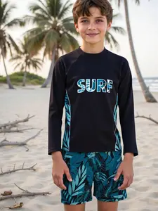 Boys' Two-Piece Swimsuit Long Sleeve Sun Protection Top Casual Shorts Beach Vacation Swimming Suit