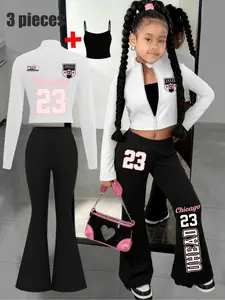 Three-piece set Girls' pink-lettered No.23 letter pattern printed coat + flared pants + camisole three-piece set, a must-have for girls, comfortable and casual, suitable for street-style sweet and cool girls, excluding bags Clothing Set