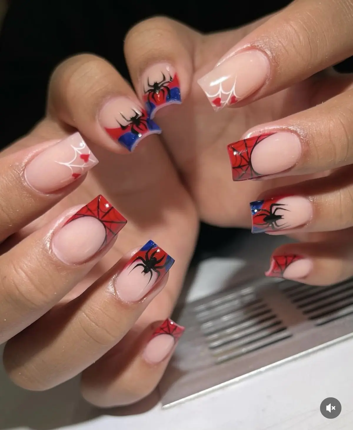 Red Blue Spider Web Press-On Nails, Short Square Fake Nails with Spider Accents, Heart Web French Tips and Glossy Nude Finish