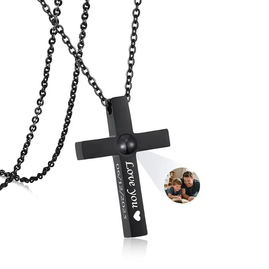 Personalized Necklace with Picture Inside : Projection Cross Pendant Custom Name Photo Necklaces Jewelry for Fathers Day Memorial Gifts for Men Women Dad Grandpa Husband Boyfriend