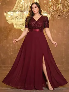 Elegant Plus Size Short Sleeve A-Line V-Neck Mesh Dress, Sparkling Sequins, Special Occasion Formal Evening Gown, Fashionable Plus Size Womenswear Clothing