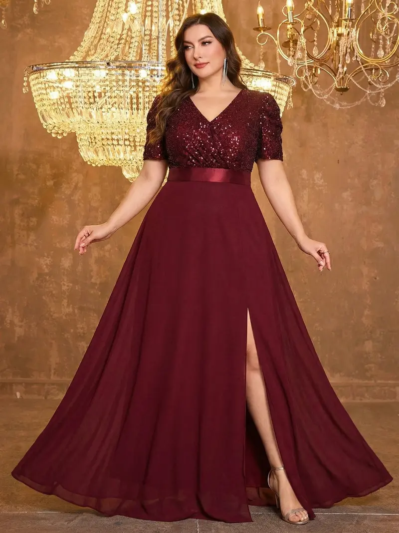 plus size formal a line dresses Ever-Pretty Plus Size Empire Waist A-Line V-Neck Holiday Dress with Long Lantern Sleeves