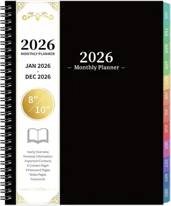 2026 Monthly Planner - JAN. 2026 - DEC. 2026, 2026 Planner with Colorful Tabs, 8" x 10", Monthly Planner/Calendar 2026 with Contacts,  Pocket, Thick Paper, -Wire Binding -  Cover(Black)