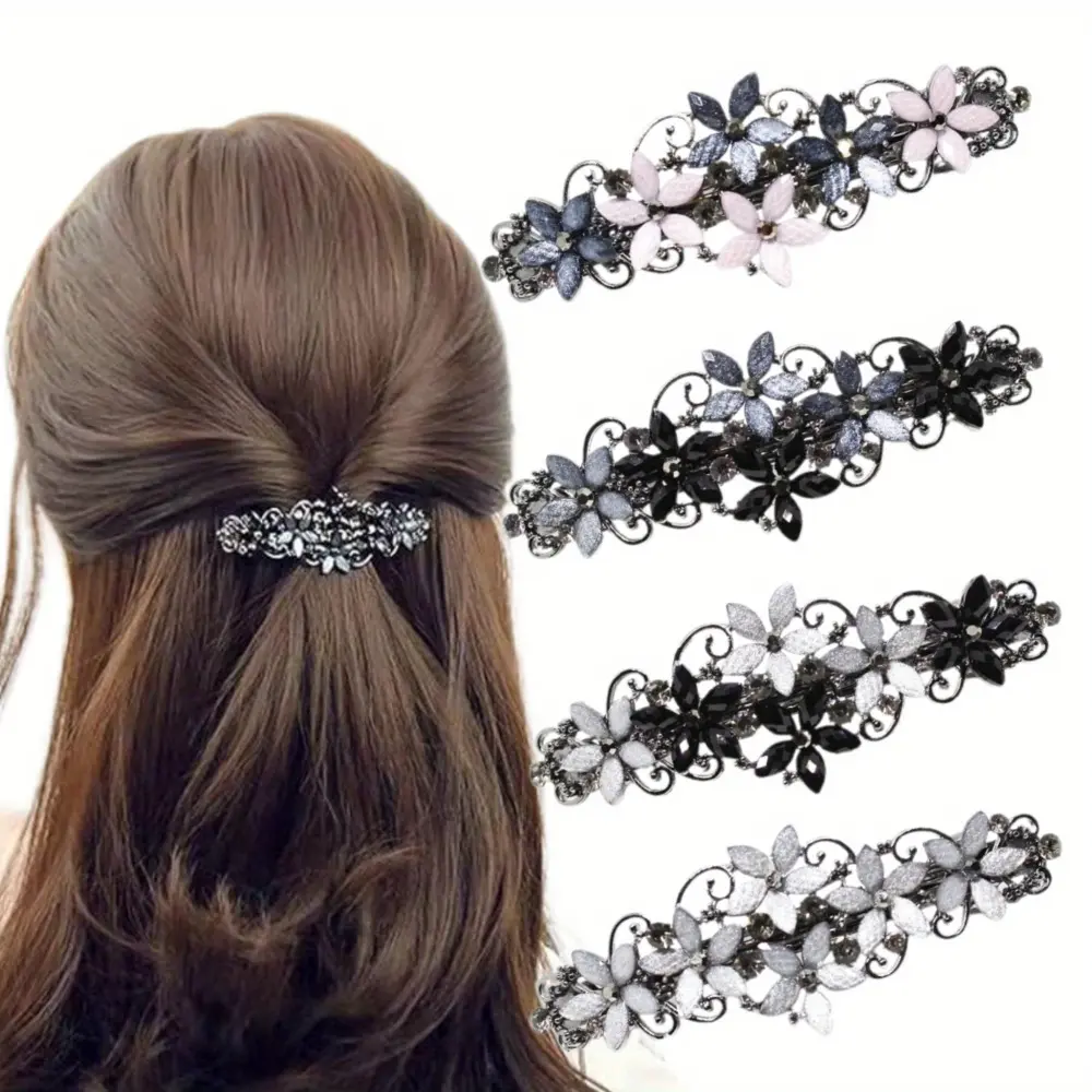 4pcs Elegant Sparkly Glitter Rhinestones Flowers Hairpins, Vintage French Style Hair Barrettes, Clips and Accessoires for Women, Retro Elegant Spring Clip, Alloy Hair Clip, Rhinestone Ponytail Decoration Accessories