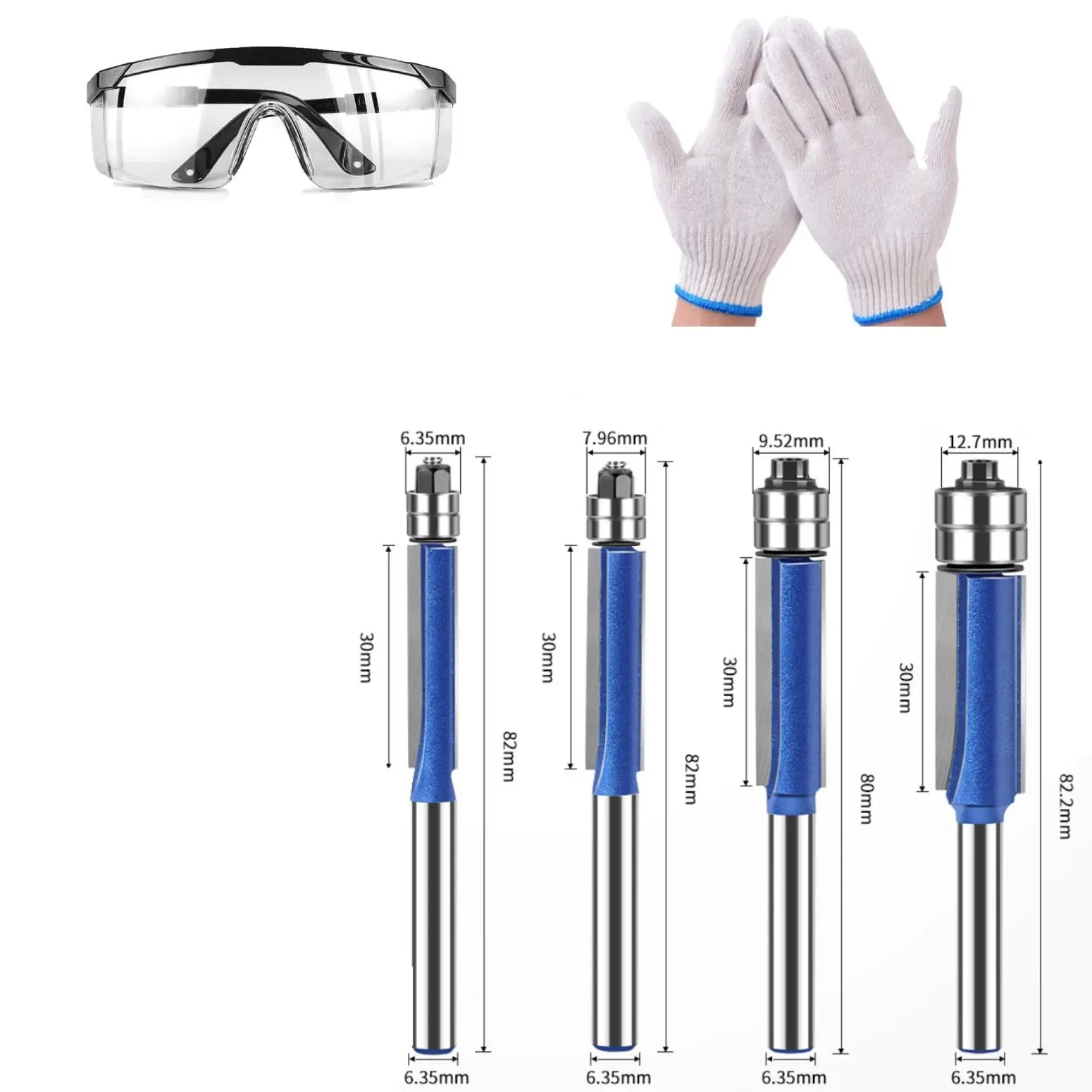 4Pcs Industrial Grade Carbide Tip Multi-Size Flush Trim Router Bit Set (1/4-in, 1/2-in, 3/8-in, 5/16-in Cuts) with Goggles, Gloves, MDF Edge Finishing Tool for Car Repair Assembly & Disassembly, Woodworking (Plywood, Chipboard, Laminate Trimming)