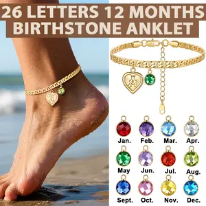 FindChic Initial Heart Birthstone Anklet Cute Casual Daily Personalized Golden Letter Pendant Mariner Chain Non Tarnish Ankle Bracelet Summer Beach Footwear Graduation BFF Jewelry Gift for Women Girls Girlfriend
