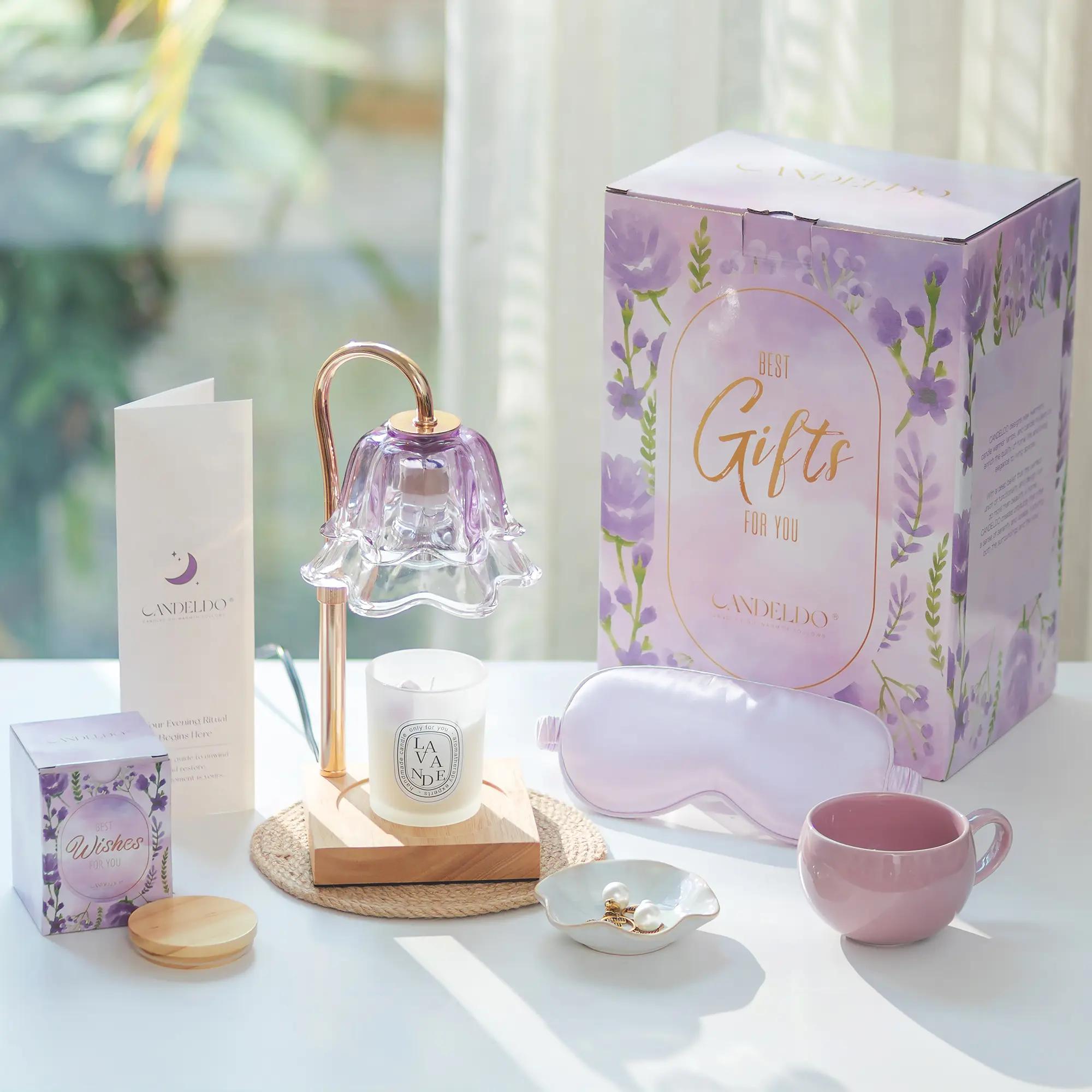 Relaxing Birthday Gifts for Women: Purple Flower Candle Warmer Lamp with Scented Candles Gift Set for Mom Dimmable Wax Warmer with Timer