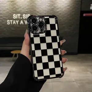 Black checkered Pattern Four-corner drop-proof TPU phone case for iPhone17 Pro Max 17 Air  16 15 14 Pro Max 13 12 11 XR XS Plus shockproof full camera protection durable slim silicone case mobile phone case