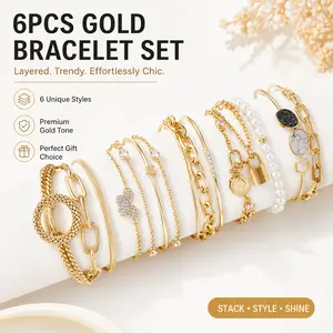 24Pcs Boho Gold Chain Bracelets Set – 14K Gold Plated Stackable Layered Cuban Link, Adjustable Open Cuff Wrap Bangle for Women (6 Pack)
