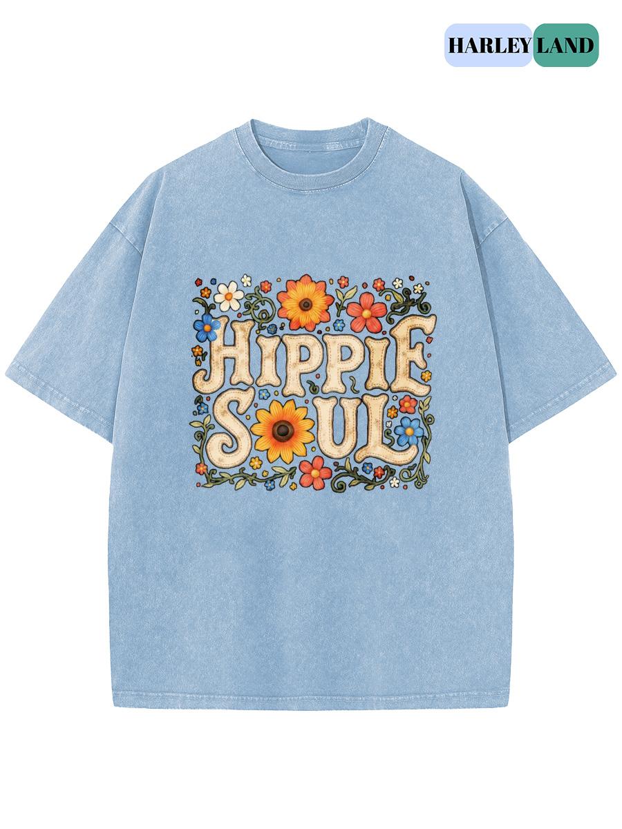 Harleyland Women's Vintage Loose T‑Shirt,100% Cotton Acid Wash Short Sleeve Top Hippie Soul Sunflower Wild Floral Border Retro Letter Graphic Drop Shoulder Baggy Pure Cotton Tee For Casual Outdoor Summer Wear Unisex Summervibes