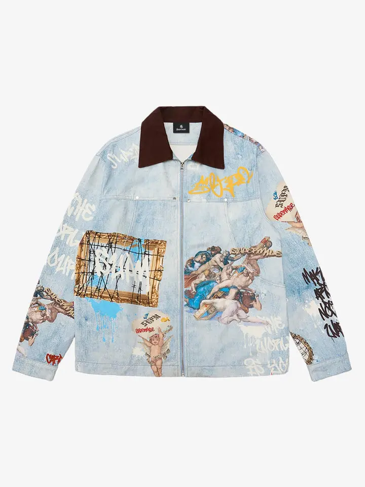 Thesupermade Artistic Patches Distressed Denim Jacket | Graffiti Print Vintage Art Streetwear Jacket Men Thesupermade Artistic Patches Distressed Denim Jacket | Graffiti Print Vintage Art Streetwear Jacket Men