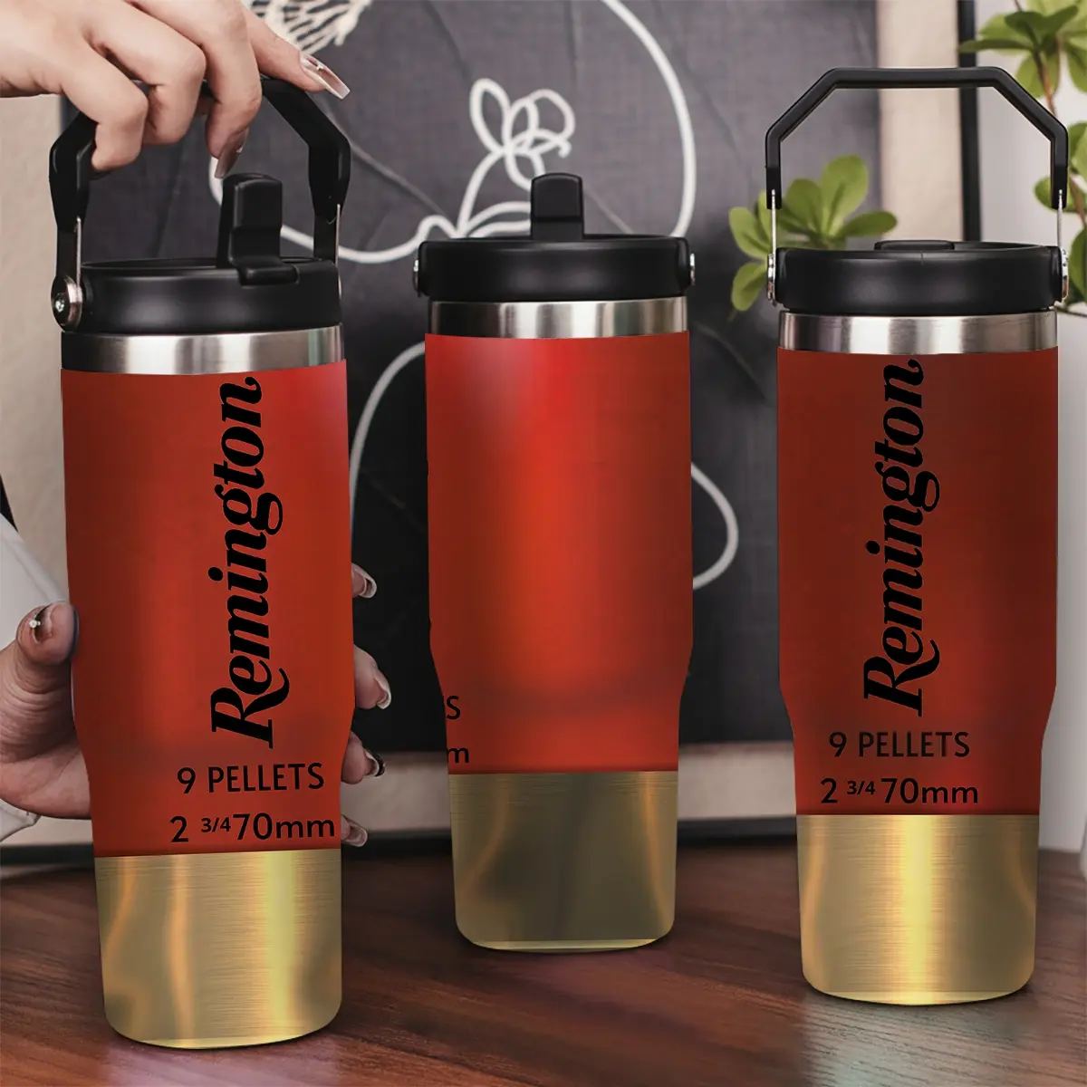 30oz Double Wall Stainless Steel Insulated Reusable Tumbler - Leak-Proof Lid, Portable Handle, Remington 9-Piece 2 3/4 70mm Bullet Pattern, Drink Bottle, Long-Lasting Hot/Cold Retention, Ideal for Car & Office, Great Gift Option, Insulation