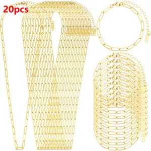 20 Pcs Chain Necklace Bracelets Kit, 18K Golden Paperclip Chain, Including 18 Inch Necklace & 6.5 Inch Charm Bracelet with Lobster Clasps, Perfect for Women DIY Jewelry Making