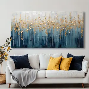 Modern Abstract Canvas Wall Art - Gold and Blue Leaf Pattern Painting with Solid Wood Binding Frame, High Quality Ink Printing for Living Room, Bedroom, Office Decoration - Modern Home Decor, Office Decor |   Elegant Home Decor |   Durable Canvas Material