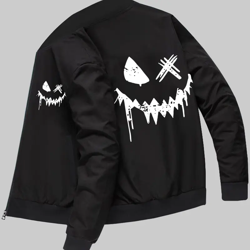 Men's Outerwear Sports Casual Jacket Halloween Spooky Smiley Face Unique Print Spring/Fall Zipper Cardigan Baseball Collar Jacket with Pockets Top for Daily Outings and Holiday Wear
