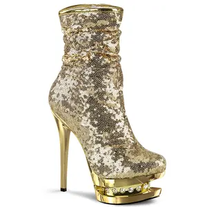 Women's 6 in Heeled Footwear - BLONDIE-R-1009 Gold Sequins Platform High Heel Boot, Stylish Women's Shoe for Formal Occasions