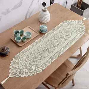 2 count Lace Table Runners with Tassels, Farmhouse Boho Doily  Floral Dollies for Tables Dresser Nightstand Decor, Beige(13"x45")