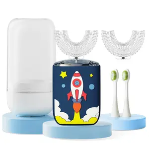 Kids U Shaped Electric Toothbrush Ultrasonic Automatic Brush with 4 Brush Head 6 Clean Modes IPX7 Waterproof Whole Mouth Rechargeable Smart Timer Toothbrushes for Children Age 2-7 (Blue) Oral Hygiene Daily Cleansing Christmas gift