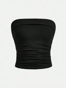 Teenagers Basic Comfortable Soft Ribbed Gathered Waist Strapless Short Halter Top, Stylish & Versatile Casual Daily Wear, Casual Sleeveless Tank