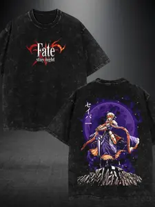 Men'S Fate/Stay Night Saber Anime Graphic T-Shirt - Heavyweight Vintage Y2K Streetwear Tee with Fate Print, Loose Fit Casual Shirt for Anime Fans, Machine Washable Summer Apparel & Perfect Gift for FSN Lovers, Urban Style, Water Washed Desi vintage style