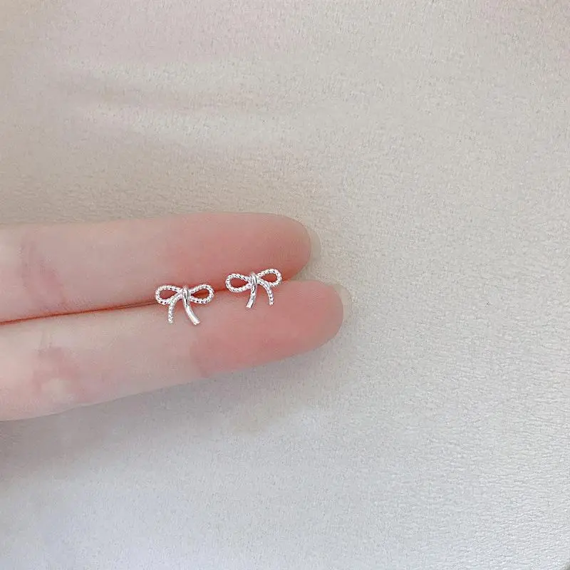 925 Sterling Silver Jewelry Women Fashion Cute Tiny Clear Bowknot Stud Earrings Gift for Girls Teens Lady