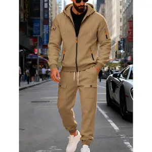 Men’s winter fleece-lined hoodie and drawstring pants set, warm casual long-sleeve top and bottoms, multi-pocket design