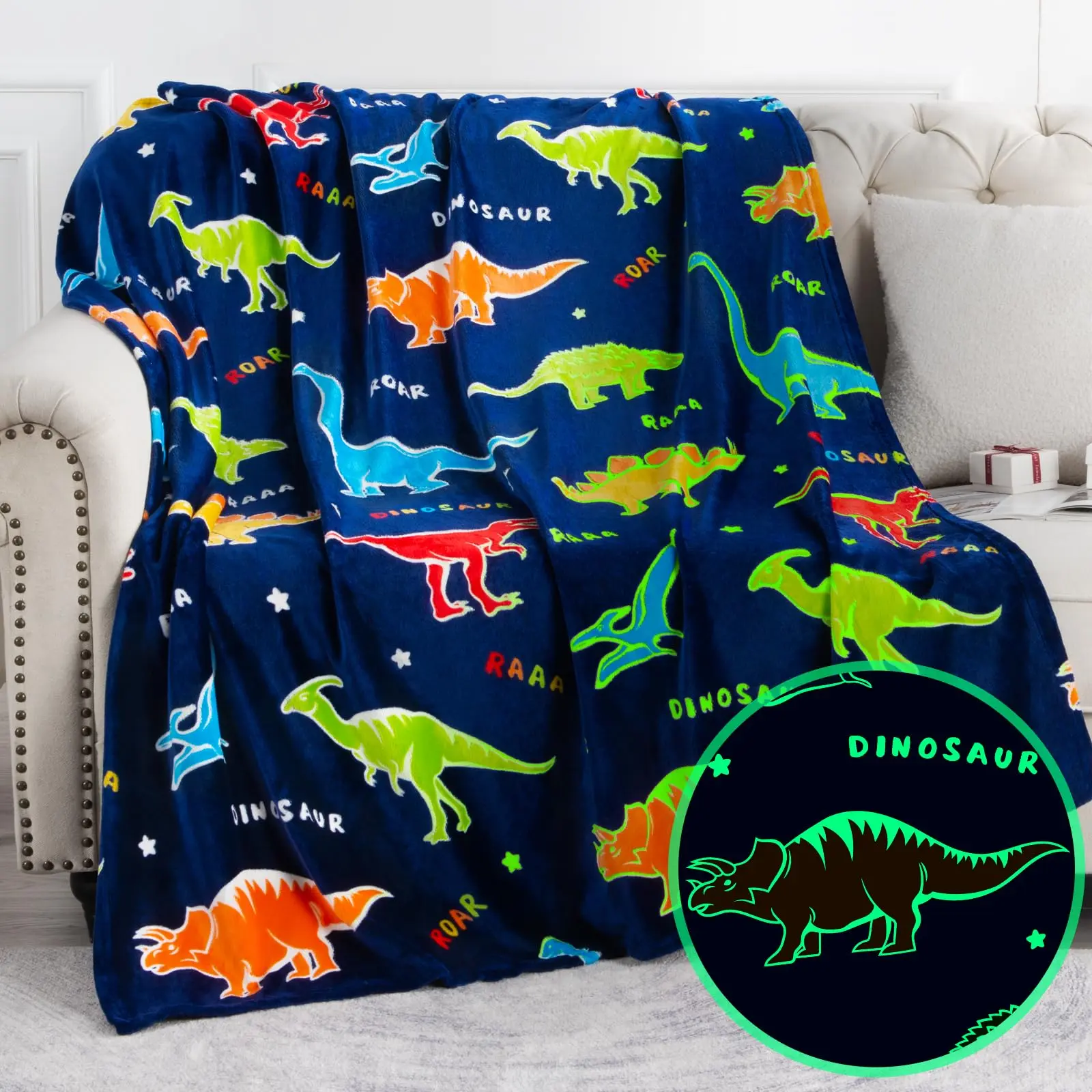 Glow in The Dark Blanket Gifts for Girls, Dinosaur Print Blanket, Soft Blanket, Comfy Blankets 3 4 5 6 7 8 9 10 Year Old Girl Gifts, Toddler Girls Toys Age 6-8, Boys Gifts for Girl for Birthday Gifts Presents, 50"x60"