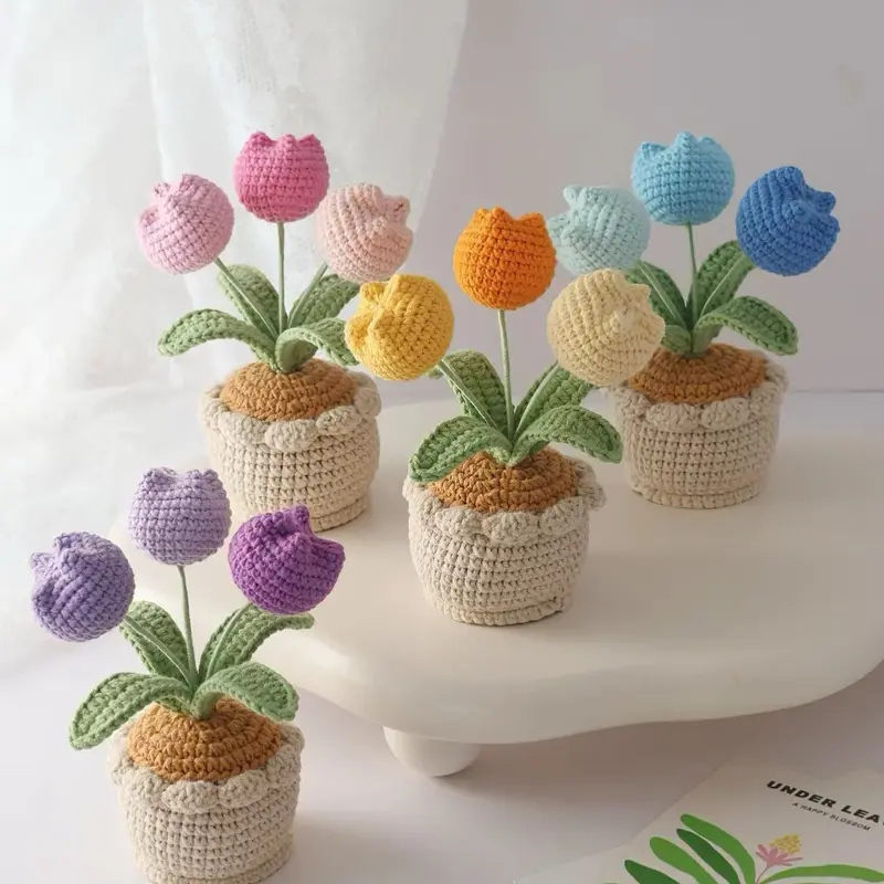 Crochet Tulip Pot Flowers - Handmade Mother's Day Gift Ideas for Desk & Home Decor with Colorful Tulip Pots in Assorted Colors