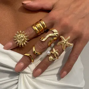 Ocean Wind Open-End Ring - Irregular Liquid-Like Lines, Metallic Detailing, Star Detail, Gold-Coated Costume Jewelry Accessory, Metallic Detailing Rings, Star Detail Rings