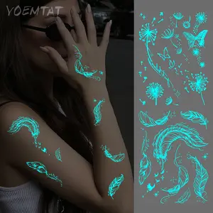 2pcs Blue Luminous Feather & Dandelion Glow In The Dark Waterproof Temporary Tattoo Stickers Butterfly Star Moon Flash Tatto For Women Men Arm Hand Wrist Neck Waist Abdomen Leg Ankle Body Art Fake Tattoos For Party, Festival, Cosplay, Night Events