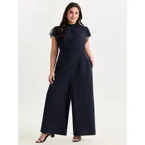 BloomChic Women's Plus Size Polyester Smooth Knit Mock Neck Ruffled Shortsleeve Overalls - Pocket, [M-6X] 2026 Summer Vibes, Body Flattering Fit, Jumpsuit Overalls, Deals