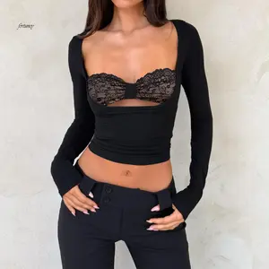 Womens Long Sleeve Crop Tops Cutout Lace Patchwork Fake Two Piece Low NecklineFit T-Shirt