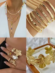 Women's Fashion Jewelry Set, Vintage Elegant Floral Heart Pearl Butterfly Ribbon Necklace Ring Earrings Bracelet, Perfect Gift for Parties & Daily Wear, Necklaces Earrings Set