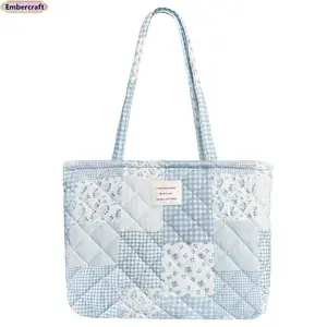 Floral Quilted Tote Bag for Women, Cute Padded Shoulder Bag with Zipper, Lightweight Small Gym Work Bag, Aesthetic Everyday Carry Purse for Shopping Travel Picnic School