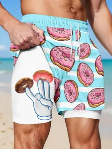 Men's Double-Layer Beach Shorts, Funny Donut Print Anti-Chafe Liner, Elastic Waist Drawstring Swim Shorts for Gym, Running, Beach and Casual Wear, Summer Swim Trunks