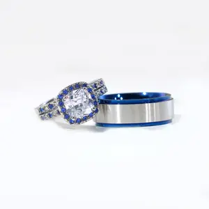 Lvrong Couple Rings Matching Ring Princess 1.5CT AAA CZ White Gold Plated Women Wedding Ring Sets For Him And Her Ring Men Wedding Band