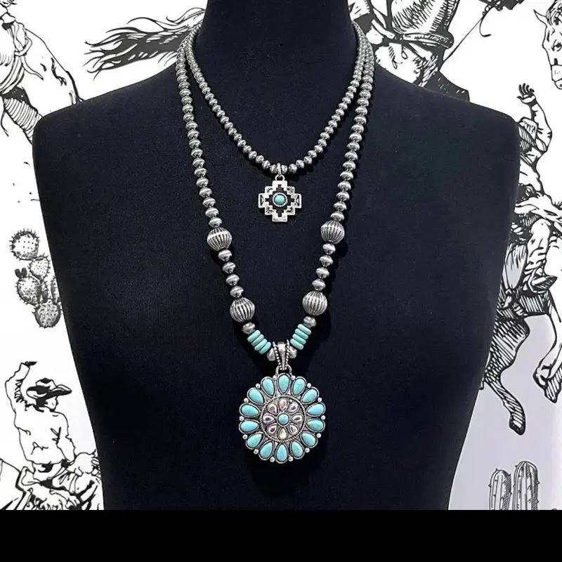 Gold Aztec Turquoise Layered Necklace, Jewelry Accessory Pendant