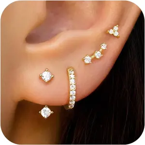 4 Pairs Stud Hoop Earrings Set for Women, Trendy Dangle Jacket Huggie Stacks for Multiple Piercing, Hypoallergenic Cartilage Jewelry Gifts