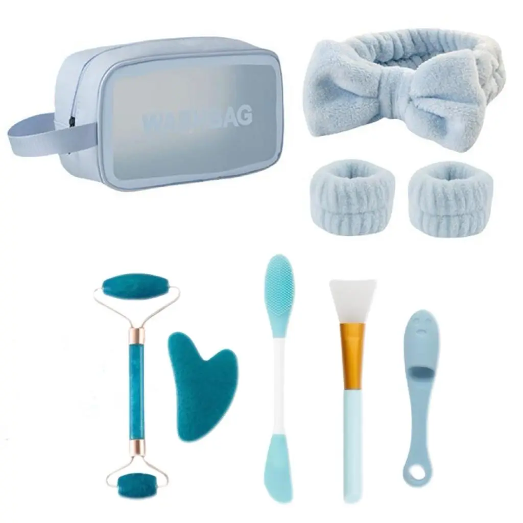 Facial Cleansing Skin Care Tools Beauty Tool Set, 9pcs/set Headband & Wristband & Silicone Face Brush & Manual Facial Massager & Wash Bag, Skin Care Supplies for Home & Travel