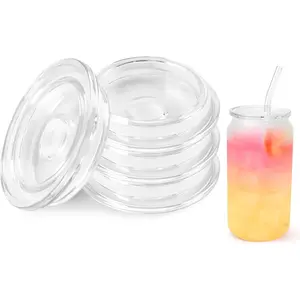 Joyclub 4 Pack Acrylic Lids for 16 oz Glass Cups with Bamboo Lids and Straws Reusable Iced Coffee Cup Beer Can Drinking Glasses for Smoothie Whiskey Boba Soda Tea Gift (Clear)