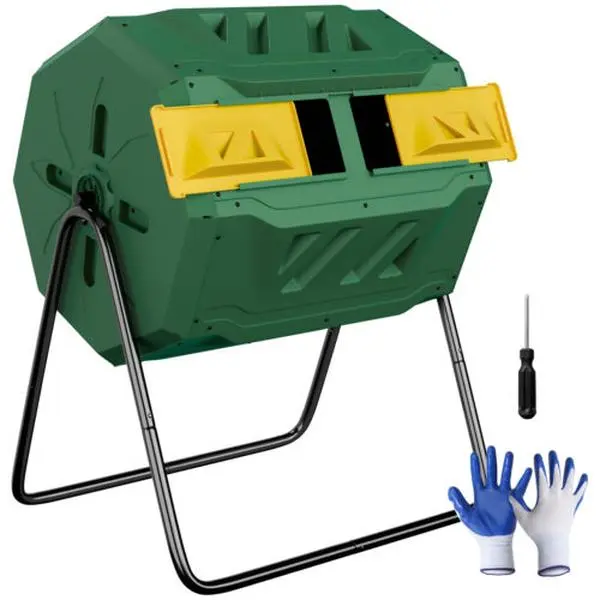 Outdoor Garden Tumbling Compost Bin - 43gal Dual Rotating Aeration Divided Set with Slide Door, Steel Frame, Galvanized Ft, Compact Strong Construction for Home Food Waste Solutions
