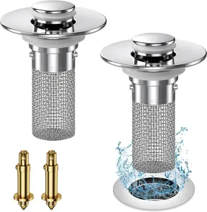 2026 New Pop Up Bathroom Sink Drain Strainer Hair Catcher, Sink Drain Stopper with Removable Stainless Steel Filter Basket,for US Bathroom Sink Stopper Replacement (2PCS)