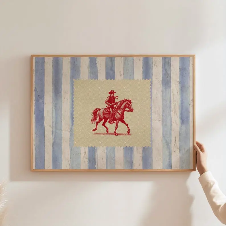 Artistic Eco-Friendly Vintage Striped Western Cowboy Horse Pattern Print Poster - High-Res Multi-Size Vibrant Wood Wall Decor for Rustic Mid-Century Modern Bedroom, Western Decor, Decoration