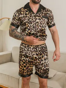 Men's Satin Sleepwear Set Short Sleeve Leopard Print Silk-Like Home Clothing, Comfortable and Stylish Pajamas for Everyday Wear