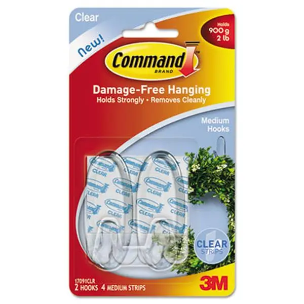 Command Clear Hooks and Strips Plastic Medium 2 Hooks with 4 Adhesive Strips per Pack